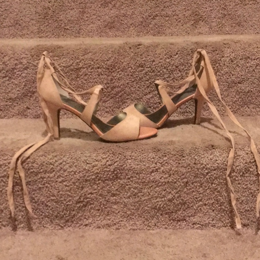 Blush colored ankle tie heel